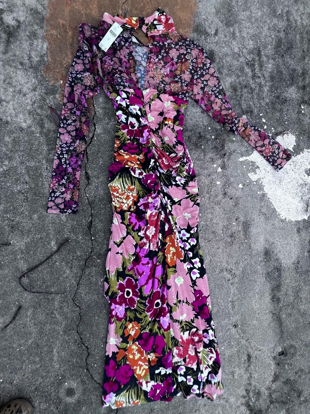 NWT Long Sleeve Mesh Ruched Multicolor Midi Floral Body Con Side slit Dress